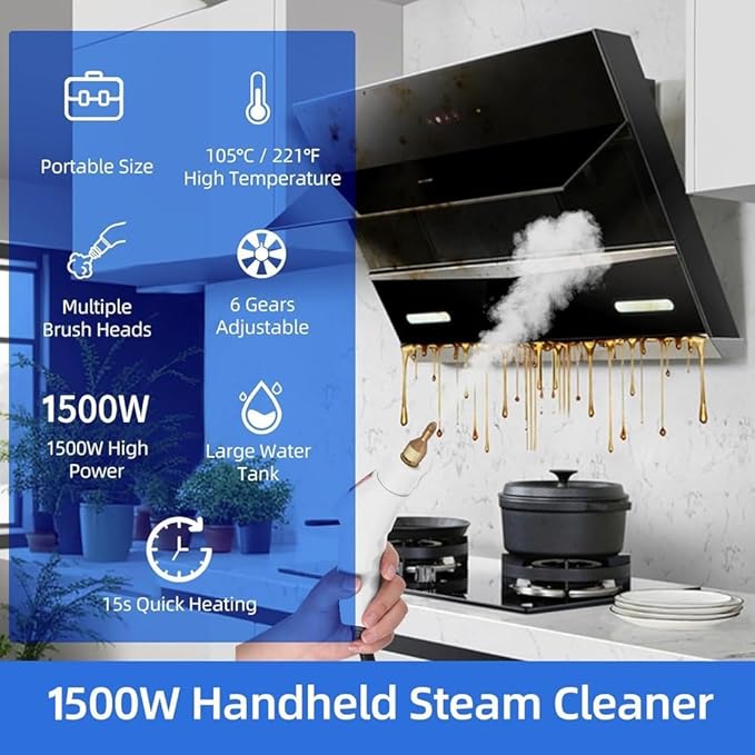 Handheld Steam Cleaner 1500W Pressure High Temperature Pressurized Steam Cleaning Machine with 1100ml Water Tank 3Bar 6 Gear Adjustment for Grout Tile Car Kitchen LCD Touch Screen