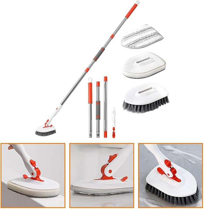 Floor Scrubber Brush Set with Long Handle Multipurpose Tile Cleaning Brush and Hard Bristle Grout Scrubber for Bathroom Shower Bathtub and Floor Cleaning Includes Detachable