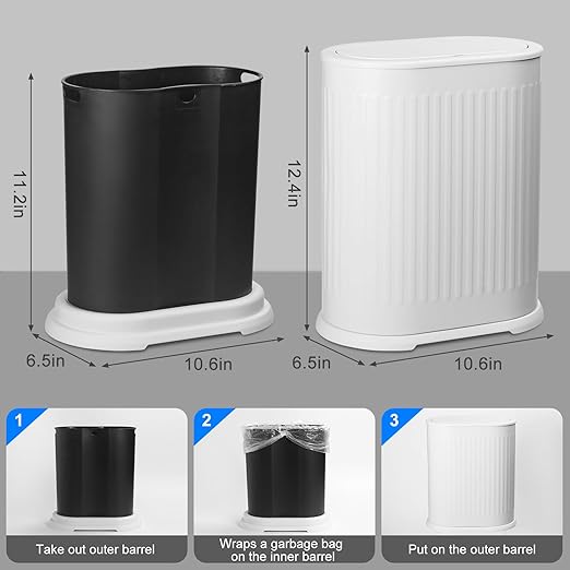 Anzoymx Bathroom Trash Cans White Stainless Steel Small Garbage Can with Pop up Lid 1.8 Gallons Dog Proof Narrow Wastebasket Slim Litter Trash Bins for Bedroom Toilet Office