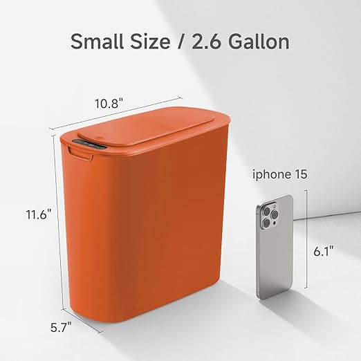 TIPGO Automatic Motion Sensor Bathroom Trash Can with Lid 2.6 Gallon Touchless Trash Bin Smart Garbage Can Plastic Slim Wastebasket for Bedroom Office Dorm (Orange)
