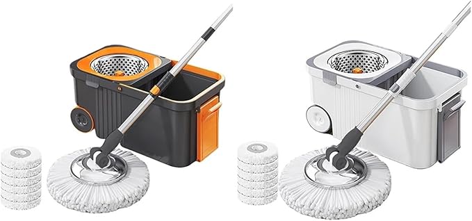 Rotary Mop Set with 6 Replacement Head Refills Extended Handle Hand-Free Automatic Dehydration Cleaning Spin with Bucket(Grey)