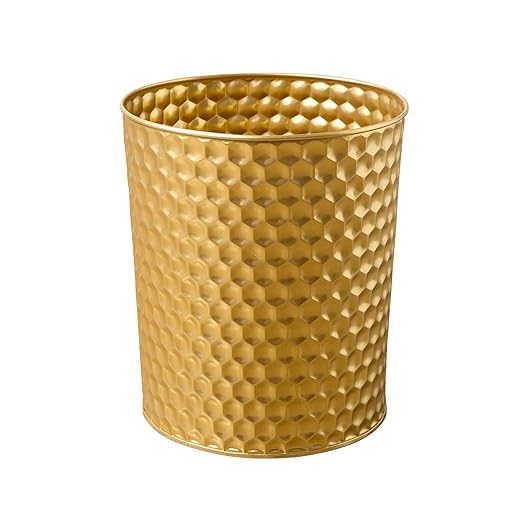 Large Metal Trash Can Wastebasket Decorative Honeycomb Garbage Can Modern Farmhouse Round Bin for Bathroom Bedroom Kitchen and Office (Gold)