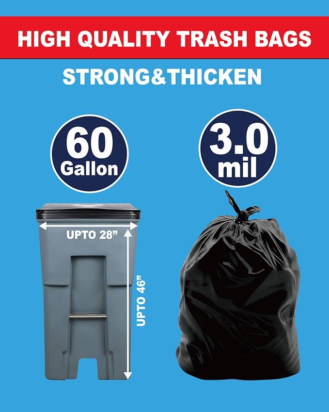 Heavy Duty 3 MIL Black Trash Bags 32x52 20-Pack with Gloves 50/55/60 Gallon Contractor Garbage Bags for Industrial Commercial Yard Cleanup &amp Construction (Extra Thick Tear Resistant)
