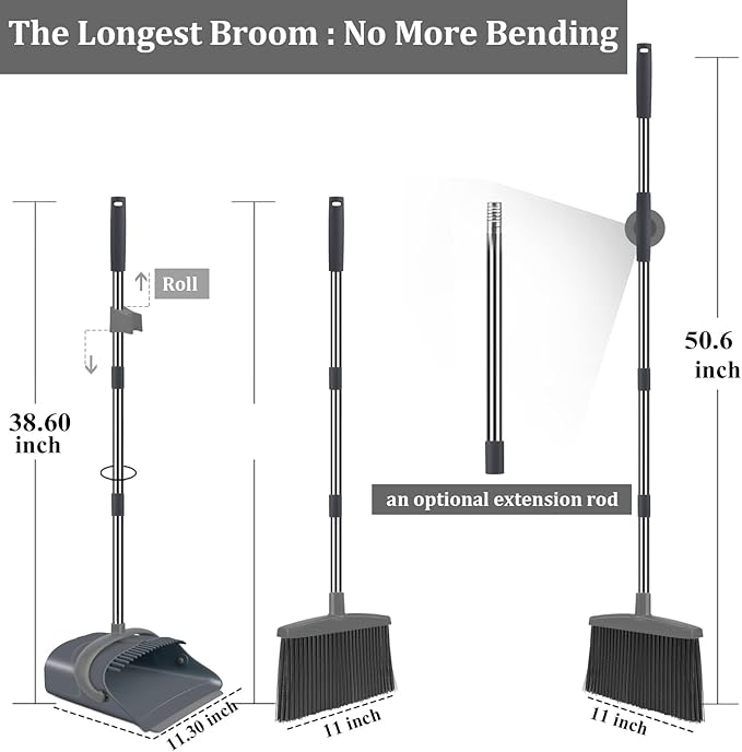 Broom and Dustpan Set Dust pan with Long Handle Broom with Dustpan Combo Set Broom and Dustpan for Home Indoor or Outdoor Cleaning Tool (Deep Gray&ampLight Gray)