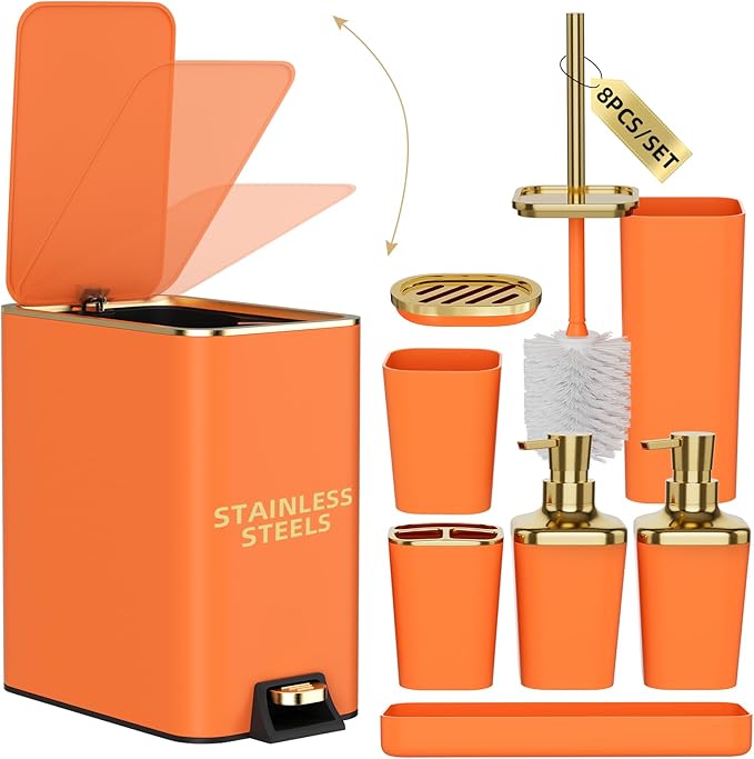 Bathroom Accessories 8 Piece Orange and Gold Bathroom Set Bath Accessories with Stainless Steel Trash CanToilet BrushToothbrush SetSoap Dispenser