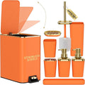 Bathroom Accessories 8 Piece Orange and Gold Bathroom Set Bath Accessories with Stainless Steel Trash CanToilet BrushToothbrush SetSoap Dispenser