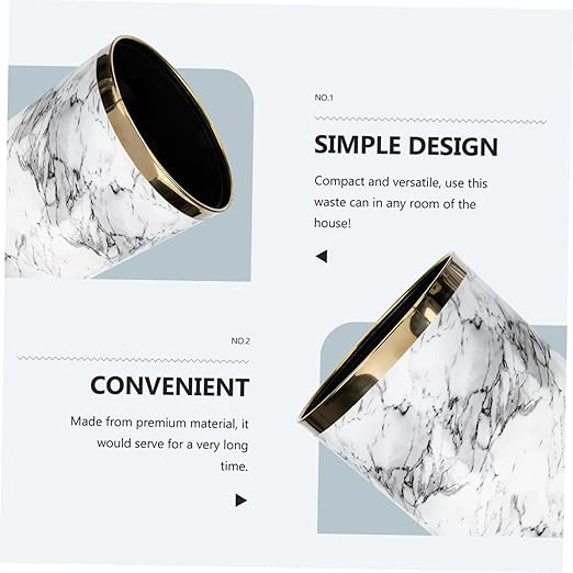 Marbling Wastebasket Plastic Trash Bin Round Lidless Non Slip Base for Bathroom Kitchen Bedroom Office Home Use