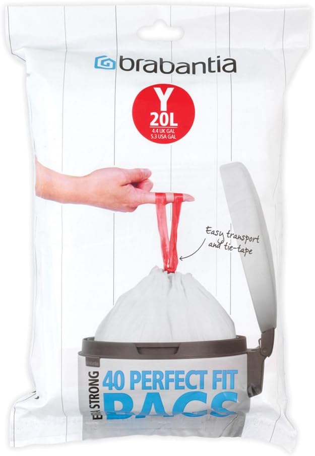Brabantia IdealFit Bin Liners (Size Y/20 Litre) Ideal Quality Thick Plastic Trash Bags with Tie Tape Drawstring Handles (40 Bags)