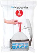 Brabantia IdealFit Bin Liners (Size Y/20 Litre) Ideal Quality Thick Plastic Trash Bags with Tie Tape Drawstring Handles (40 Bags)
