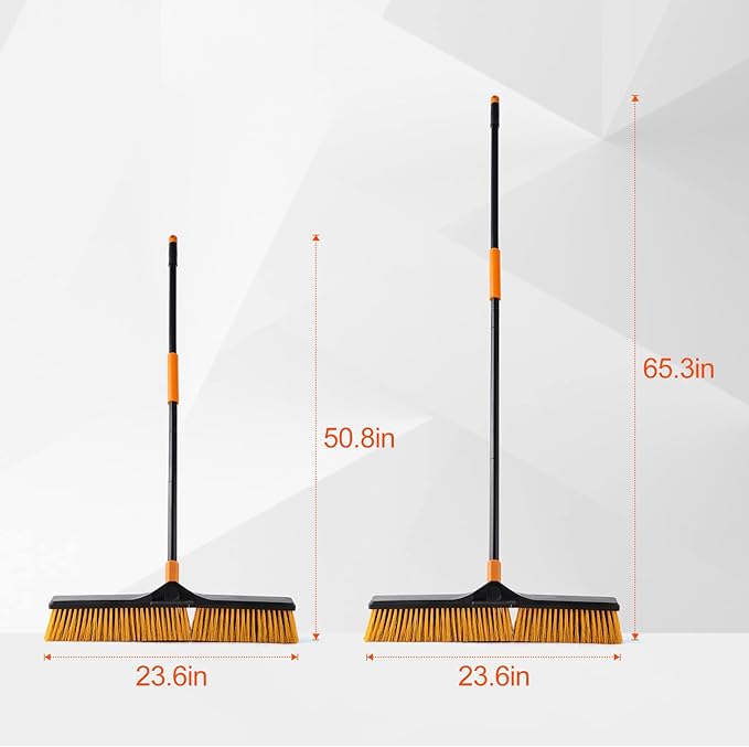 24”Push Broom Brush for Floor Cleaning with 65” Long Handle and Stiff Bristles Heavy Duty Brush for Shop Deck Garage ConcreteIndoor and Outdoor Broom 2 SetOrange