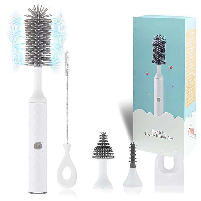 Electric Bottle Brush 4 Piece Bottle Brush Set with Baby Bottle Brush Cleaner Nipple Brush Pacifier Cleaner Straw Cleaner Brush Gifts for Newborns and Mothers White