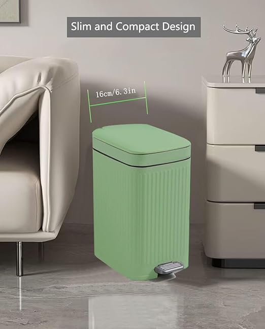 Feisco Small Trash Can with LidSmall Bathroom Trash Can with Foot Pedal and Press Type LidSlim Step-On Trash Bin Wastebasket Garbage Can for KitchenBathroom Office Bedroom (Green 1.8 Gallon)