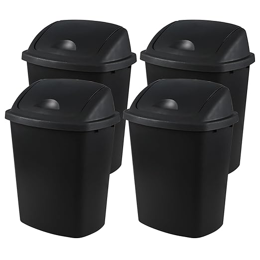 4 Pack Plastic Commercial Trash Can Wastebasket Garbage Container Bin with Swing Top Lid 6.6 Gallon/25 Liter