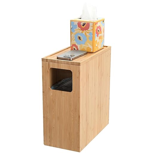MobileVision Bamboo Slim Trash Can with Lid Waste Basket for Bathroom Bedroom Office Vanity Salon or Spa Small Spaces Rectangle Bag Liners Included