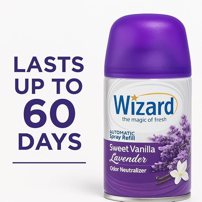 Wizard Automatic Spray Refill – Sweet Vanilla Lavender 5 oz (12 Pack) | Compatible with Air Wick Freshmatic &amp Glade Dispensers | Long Lasting Odor Neutralizer for Home &amp Office