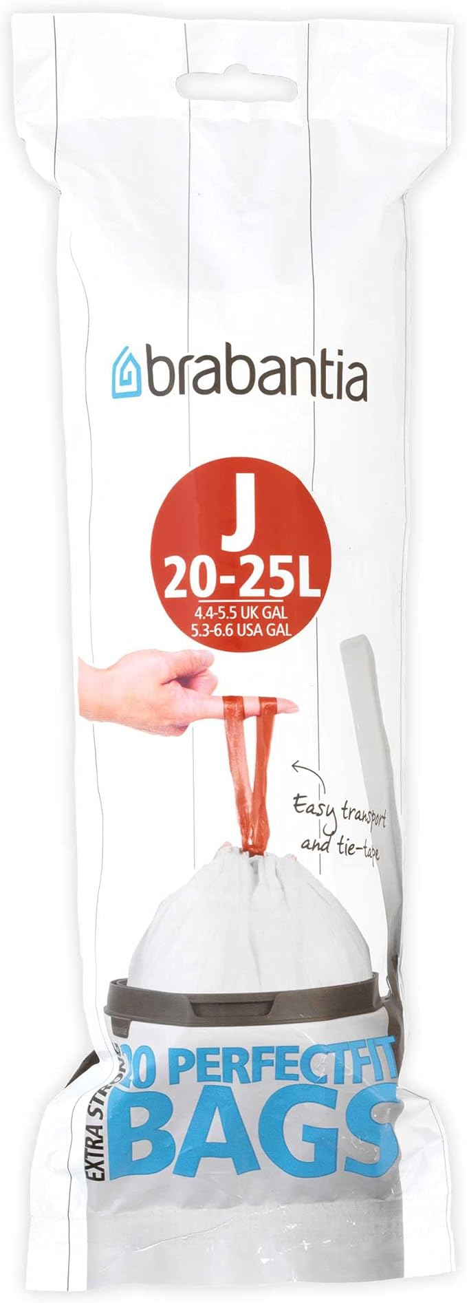 Brabantia PerfectFit Trash Bags (Size J / 6 Gallon) High Quality Thick Plastic Trash Can Liners with Tie Tape Drawstring Handles (20 Bags)