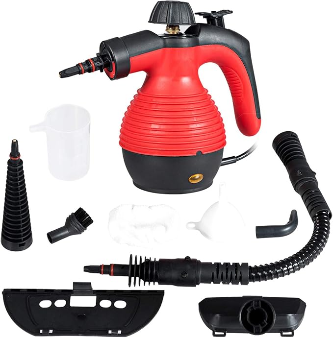 Goplus Handheld Pressurized Steam Cleaner with 9 Piece Accessories Multipurpose Steamer w/Safety Lock for Carpet Curtain Car Seat 1050W Portable Upholstery Steamer for Home Kitchen Bathroom(Red)