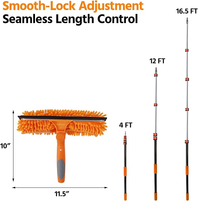 23 ft High Reach Window Squeegee with Extension Pole 2 in 1 Squeegee for Window Cleaning Window Cleaner Tool with 5-Stage 4-16.5 ft Telescoping Pole Squeegee for Shower Glass Home Car