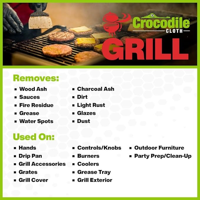 Crocodile Cloth Grill Wipes 640 Count (8 Packs) – Extra-Large 15” x 10” Plant-Based Cleaning Cloths Safe on Skin &amp Surfaces Pre-Moistened with Aloe &amp Vitamin E