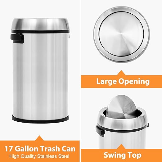 GarveeHome 17 gal/65 L Swing Top Trash Can Stainless Steel Rubbish Bin Commercial Grade Waste Container Round Garbage Can for Outdoor Home Office Restaurant Silver
