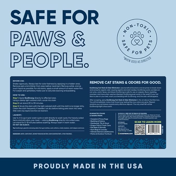 Eco Strong Cat Stain And Odor Remover| Enzyme Urine Odor Neutralizer - Stain Remover for Carpet Litter Boxes Bedding and Laundry [Citrus Scent Gallon Value Size]