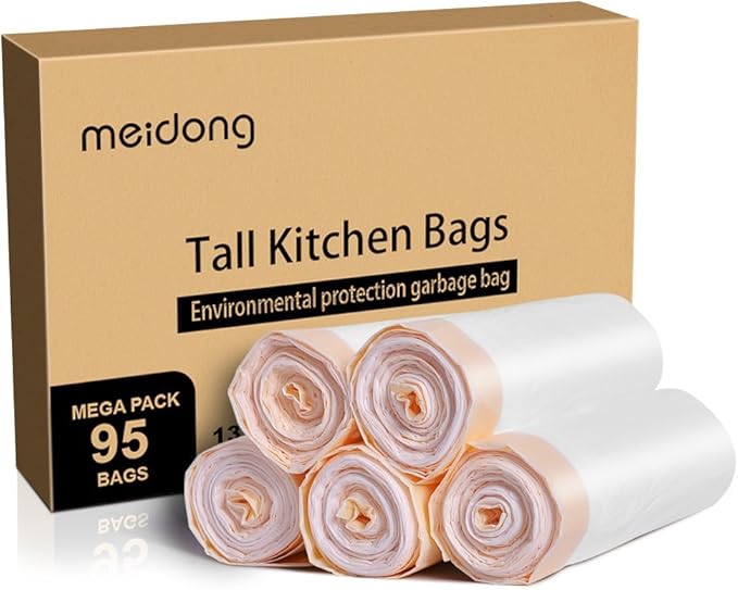 Trash Bags meidong Garbage Bags 13 Gallon Large Tall Kitchen Drawstring Strong Multipurpose White Bags for Trash Can Garbage Bin(5 Rolls/95 Counts)