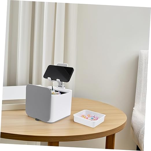 Trash Can with Phone Holder Mini Desktop Garbage Bin for Office Bedroom Kitchen and Travel Versatile and Portable Wastebasket for Compact Storage