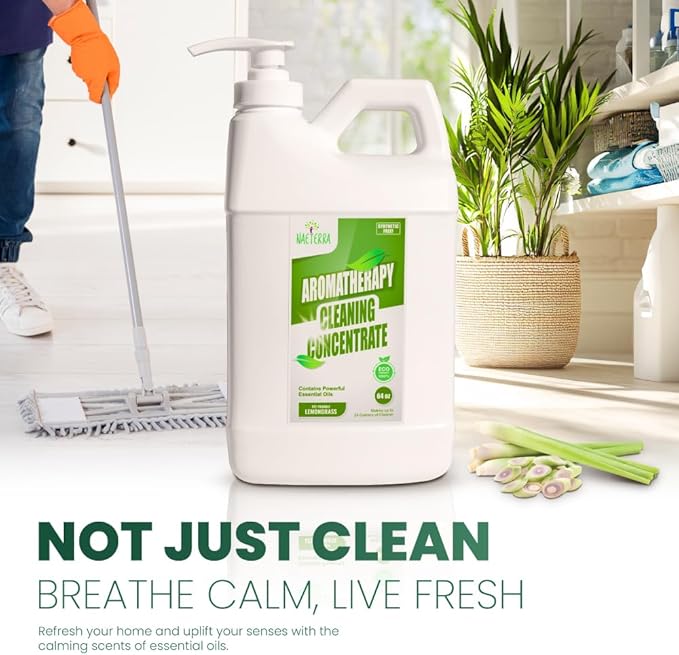 Naeterra Lemongrass Aromatherapy Cleaning Concentrate 64 oz - Natural All Purpose Multi Surface Cleaner - Plant Based Essential Oil Formula for Floors Glass &amp Granite - Pet Safe - Makes 24 Gallons