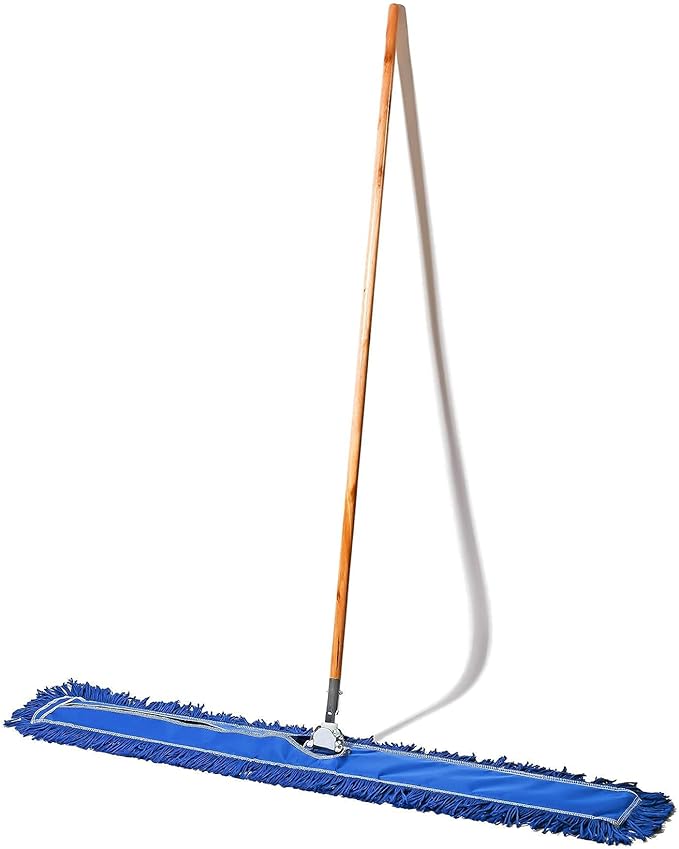 Commercial Floor Sweeper 48 in. Reusable Mop Head Wooden Handle Industrial Dry Mop for Hardwood Floors Blue