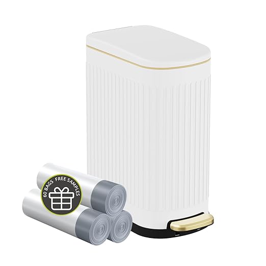 2.6 Gallon Slim Bathroom Trash Can with Soft Close Lid 10L Stainless Steel Garbage Can with Removable Liner Bucket for Narrow Spaces Bathroom Bedroom (White)