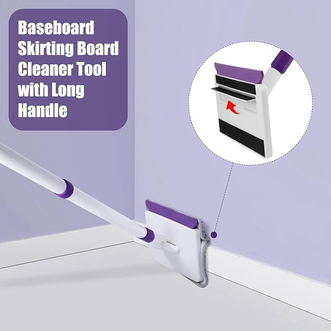 Baseboard Cleaner Tool with Handle 60 Extendable Long Handle Baseboard Cleaner with 5 Reusable Pads for Baseboards Cleaning Ceiling Wall Floor Bathroom Kitchen