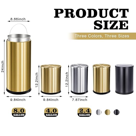 Maxdot 2 Pcs 8 Gallon/30 L Gold Bathroom Trash Can with Flip Lid and Toilet Brush Set Large Luxury Stainless Steel Garbage Trash Can Wastebasket Bin for Commercial Office Hotel Bathroom Shopping Mall