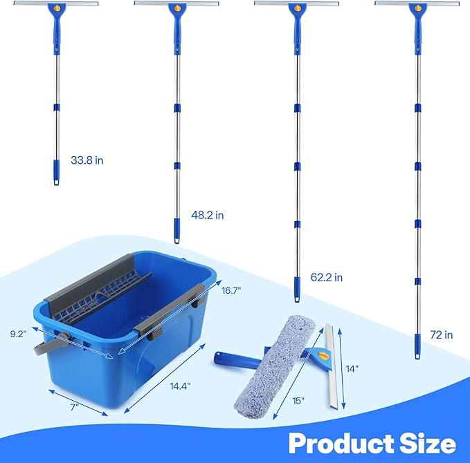 Professional Window Cleaning Kit with Bucket 3 Gallon 76 Long Handle Window Squeegee and Microfiber Scrubber High Windows Washing Equipment Window Cleaner Tool for Commercial Home Outdoor Car