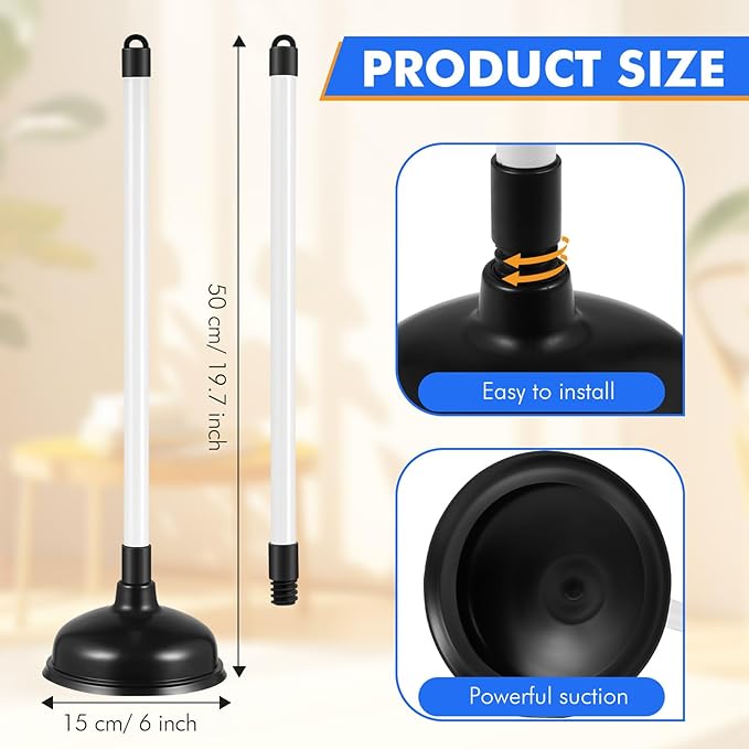 24 Pack Toilet Plungers Bulk with 19.7 Inch Long Handle Force Suction Cup Rubber Plunger for Bathroom to Fix Clogged Toilets Drains (Black)