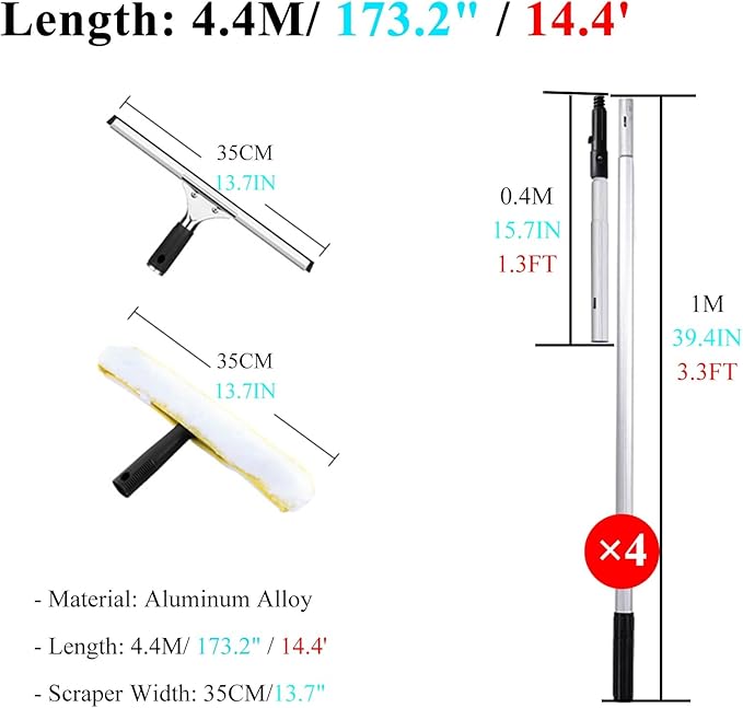 Window Cleaner Tool for High Windows 33 26 20 14 Feet 8 5 Ft Professional Extendable Cleaning Tool Kit/Telescopic Poles Bars for Indoor Outdoor Washing Glasses with Squ4.4m/173.2in/14.4ft
