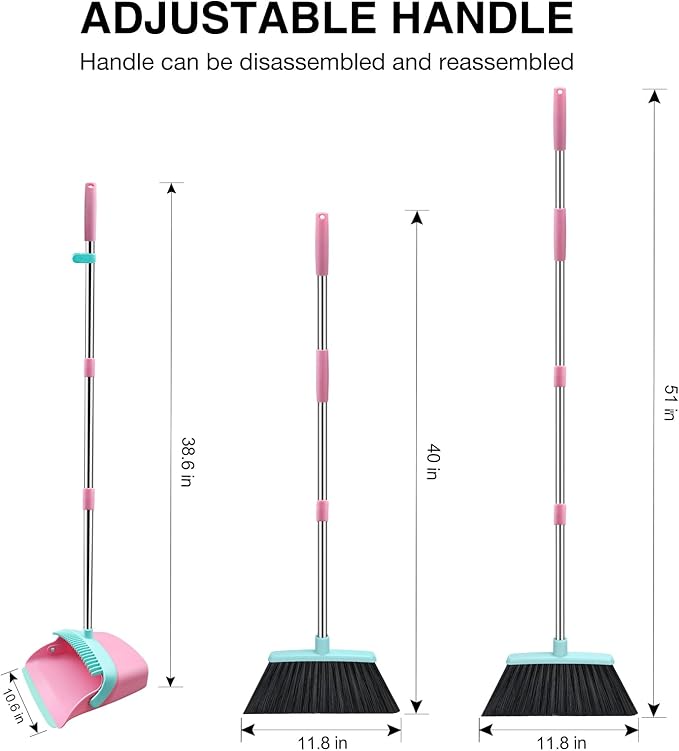 Broom and Dustpan Set 52-in Long Adjustable Handle Broom Dustpan Combo with Dust pan Teeth to Automatically Clean Hair Suitable for Home Kitchen Office Hall Floor (Pink&ampBlue) 2 Pack