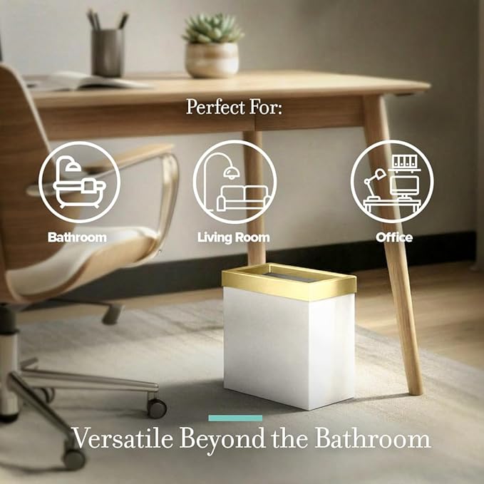Gatco Modern Rectangle Wastebasket Matte Pearl and Brushed Brass Combo - Stainless Steel Trash Can with Removable Lid Leakproof 3 Gallon Capacity for Bathroom Bedroom Kitchen or Office