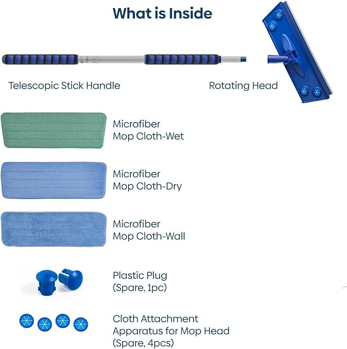 Silva Microfiber Mop Set with Reusable Microfiber Pads (Wet/Dry/Wall) | 360 Rotating Mop Head | Sturdy Extra Long Adjustable Metal Pole | Ergonomic Soft-Sponge Handle | Blue | Floor Wall Tile