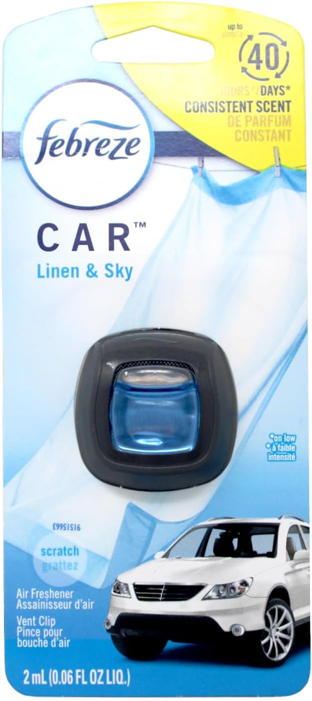 Febreze OdorClear Car Vent Air Freshener Clip Linen &amp Sky - 8 Pack x 0.06 Fl.Oz / 200ml - 30 Days