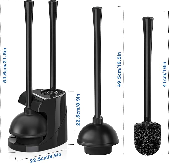 Toilet Plunger and Brush Bowl Brush and Heavy Duty Toilet Plunger Set with Ventilated Holder 2-in-1 Bathroom Cleaning Combo with Modern Caddy Stand for 5.7-inch Toilet Drain(Black 2 Set)