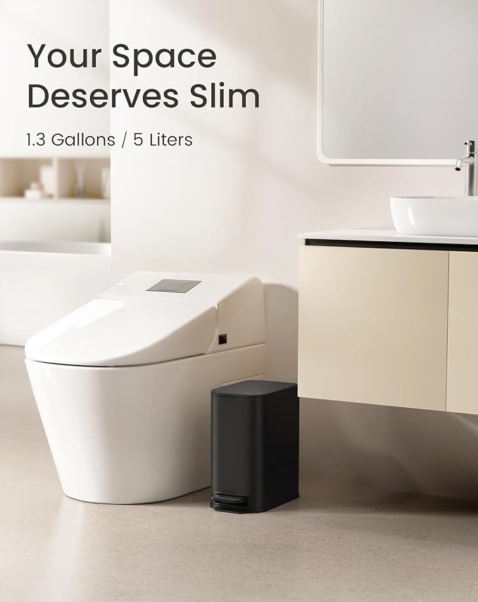 Cesun Small Bathroom Trash Can with Lid Soft Close Step Pedal 5 Liter / 1.3 Gallon Stainless Steel Garbage Can with Removable Inner Bucket Waste Basket for Bathroom Bedroom (Matte Black)