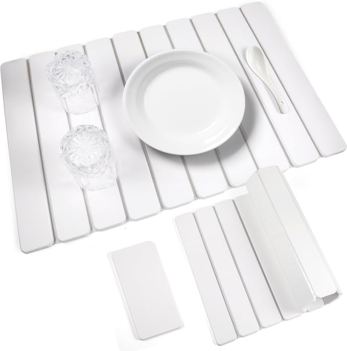 2 PCS Quick Dry Stone Dishes Mats for Kitchen CounterCollapsible Quick Drying Dish MatsUltra Absorbent Diatomaceous Earth Mats for Dishes Bottles Cups Match Any Countertop（White 24×16&amp 8x4）