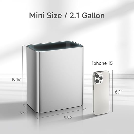 TIPGO Small Metal Trash Can 2.1 Gallon Slim Trash Can for Bathroom Wastebasket Garbage Bin for Bedroom Office Kitchen Under Sink (Silver)