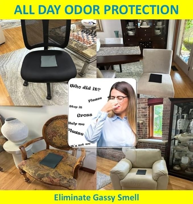 FreshSeatRx 4-Discreet Odor Removal Seat Pads. Orthopedic Seat Cushion Pads Prevent Gassy Seat &amp Room Air Odors. Use Home Office Car Flight Any Seating. Activated Charcoal &amp Carbon Gas Pad