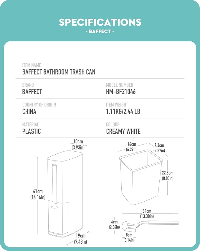 Baffect 2 Liter White Slim Bathroom Trash Can with Lid and Toilet Brush Holder