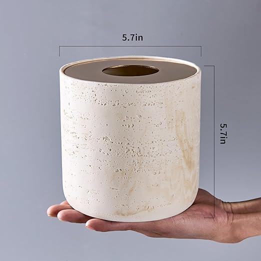 Natural Travertine Textures Mini Trash Can with Rose Gold Stainless Steel Lid Mini Countertop Trash Can for Bathroom Kitchen Desk or Table top Mini Garbage Can Resin Tiny Waste Basket for Vanity