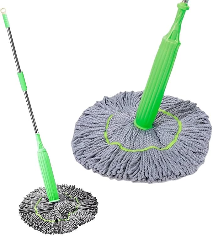 Spin Mop with Self-Wringing System 360° Swivel Stainless Steel Handle &amp Ultra-Absorbent Bamboo Fiber Mop Head No Wash Lazy Mops Wet and Dry - Lightweight &amp Compact (1 mop + 2 Heads)