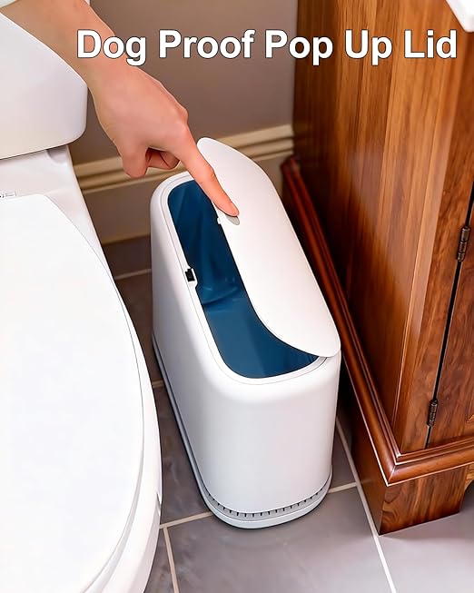 3 Gallon Slim Small Bathroom Trash Can with Lid White Dog Proof Garbage Can with Air-Press Bag Expander &amp Removable Bucket Narrow Bathroom Waste Basket for Bedroom Office Dorm