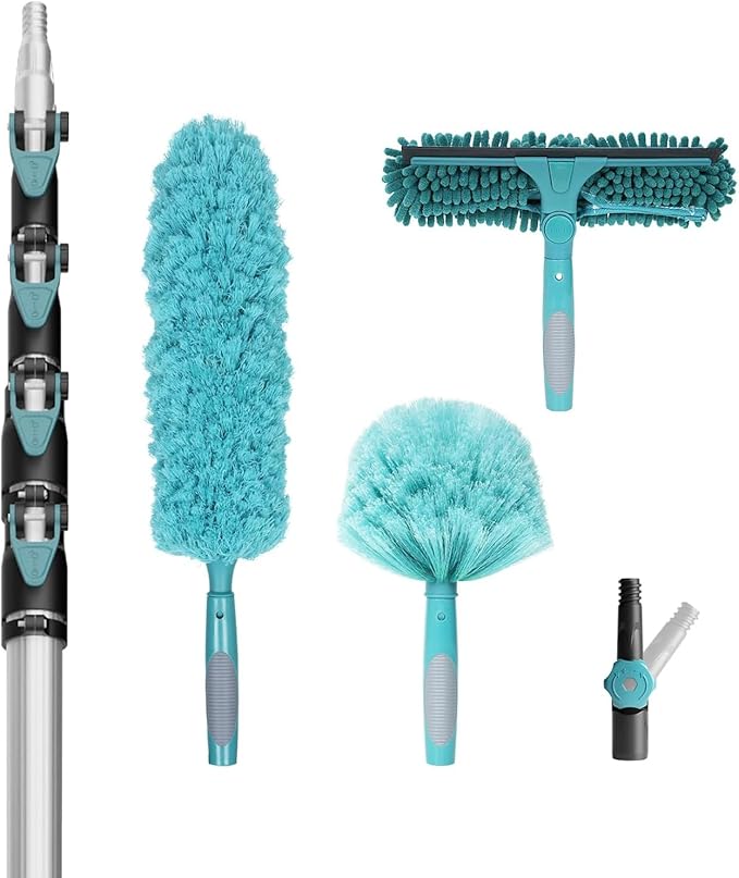 30 Foot High-Reach Duster Kit with 6-24FT Extendable Pole - High Ceiling Duster Cleaning Kit with Telescopic PoleCobweb Duster Window Squeegee Microfiber Feather Duster