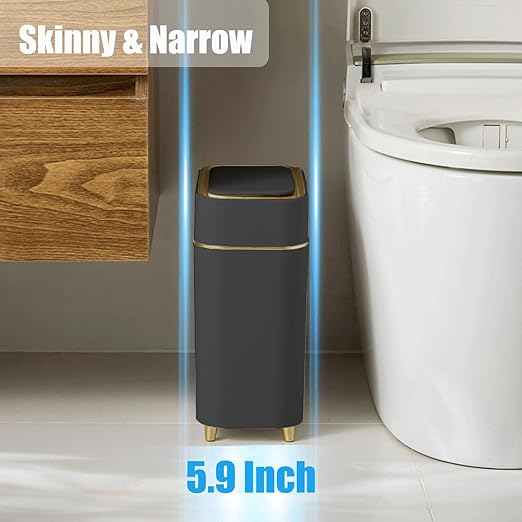 Yatmung 2-Pack - Automatic Trash Cans Touchless Motion Sensor Bathroom Trash Can - Waste Basket for Bedroom Home Offices Small Spaces - Compact Smart Garbage Can with Lid - Black with Gold Edge